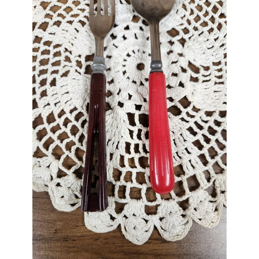 Mid Century Bakelite Red Spoon and Brown Meat Fork Excellent Condition Vintage